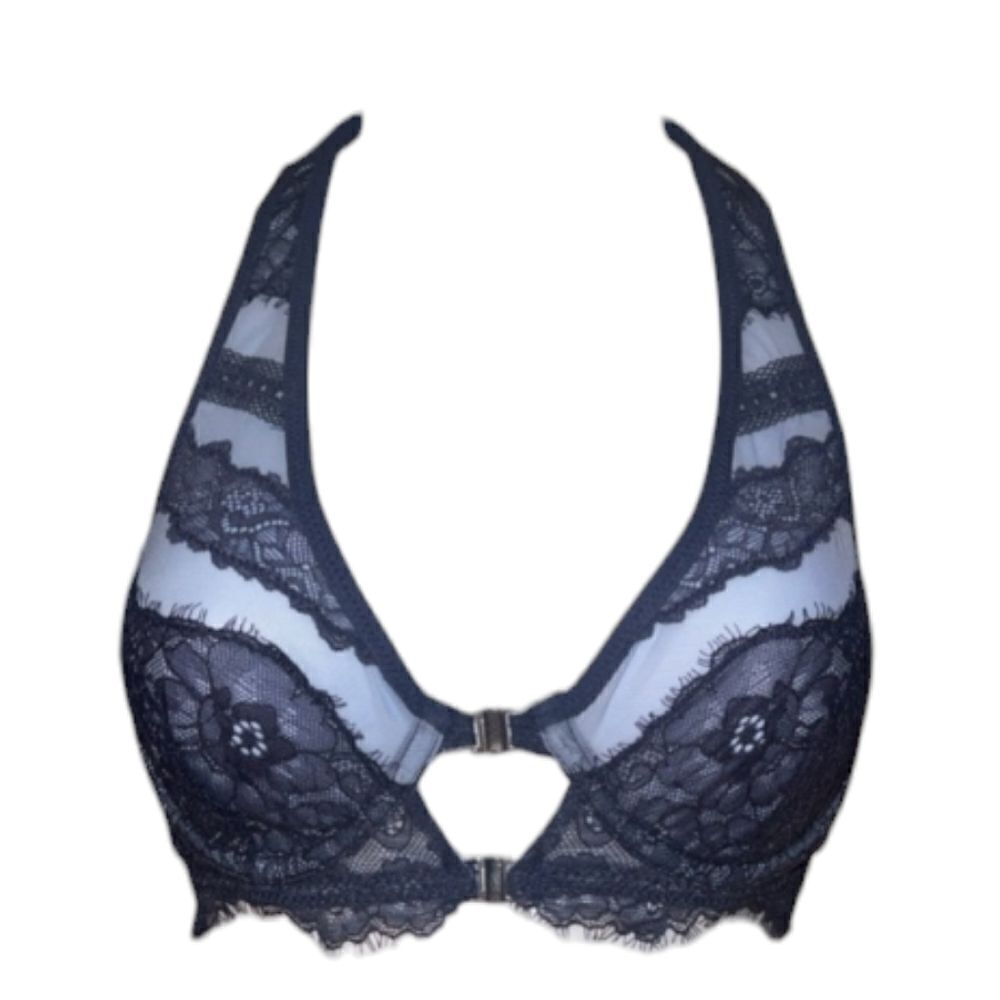 NWT Thistle and Spire Bralett Halter back Denim blue color strappy lace size 32B - Picture 2 of 9